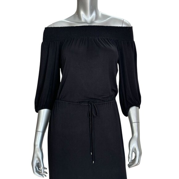 Ella Moss Black Off-Shoulder Smocked Neckline Midi Dress M - Picture 7 of 12